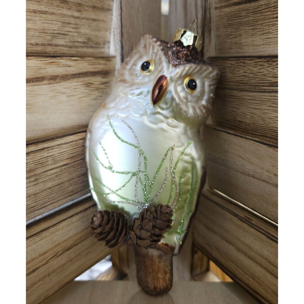 Vintage Hand Blown Glass Owl Pine Cone  Christmas  Ornament, Brown/tan   5.5"